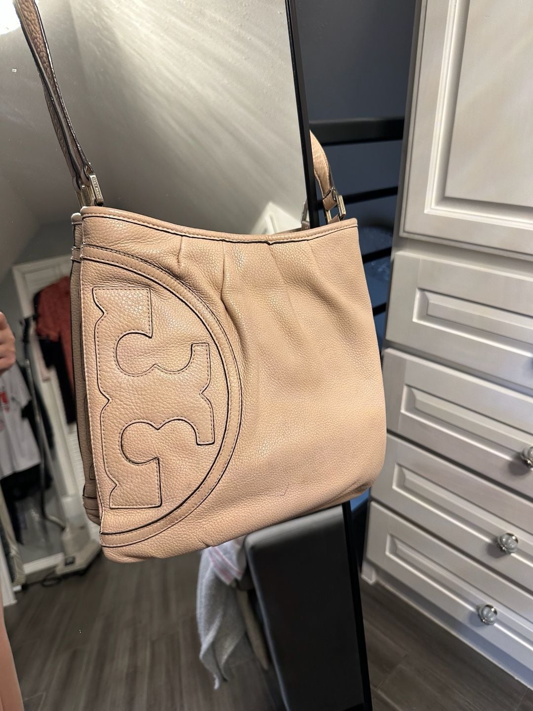 Tory Burch All-T Pebble Leather Swingpack Crossbody Bag Nude Pink